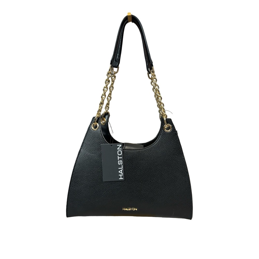 Halston Janis Pebble Leather Shoulder Bag Black Gold Chain Handbag NEW